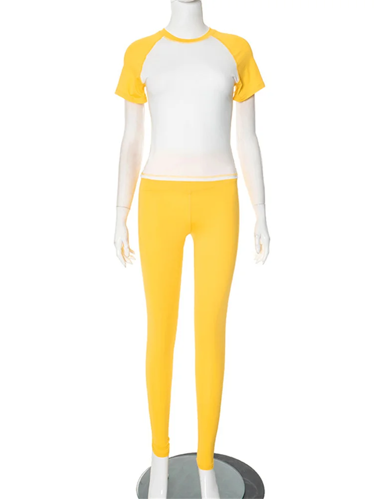 Weird Puss Casual Sporty 2 Piece Set Women Contrast Patchwork Short Sleeve T-Shirts+Skinny Stretch Sweatpants Simple Tracksuits - Image 2