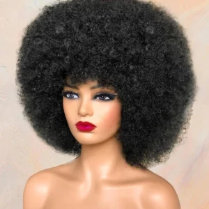 Fluffy Afro Wigs Short Black Disco Afro Puffy Human Hair Wig Kinky Curly Wig 12 Inch Natural Looking Human Wig Full Machine Made