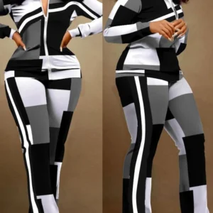 Two Piece Set Women Outfit 2023 Autumn Fashion Geometric Print Stand Collar Long Sleeve Zip Up Top & Casual Sporty Pants Set