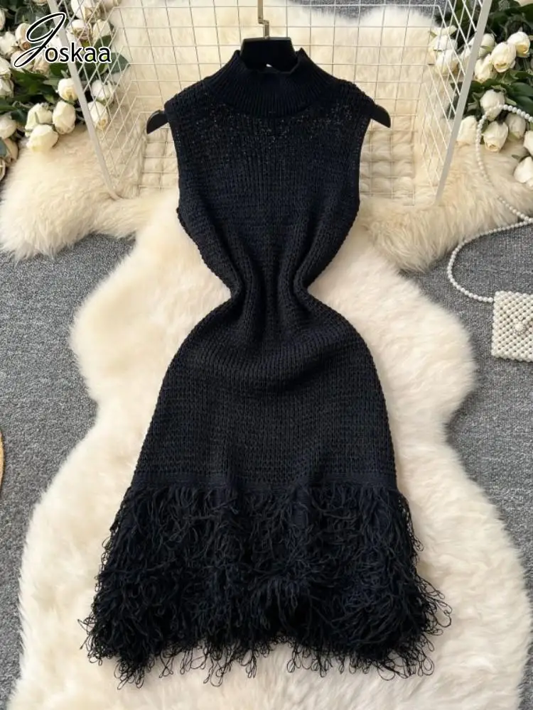 Joskaa 2025 Summer Women Elegant Round Neck Sleeveless Tassels Hem Bodycon Mini Knitted Dress Holiday Beach Party Clubwear - Image 5