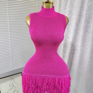 Joskaa 2025 Summer Women Elegant Round Neck Sleeveless Tassels Hem Bodycon Mini Knitted Dress Holiday Beach Party Clubwear