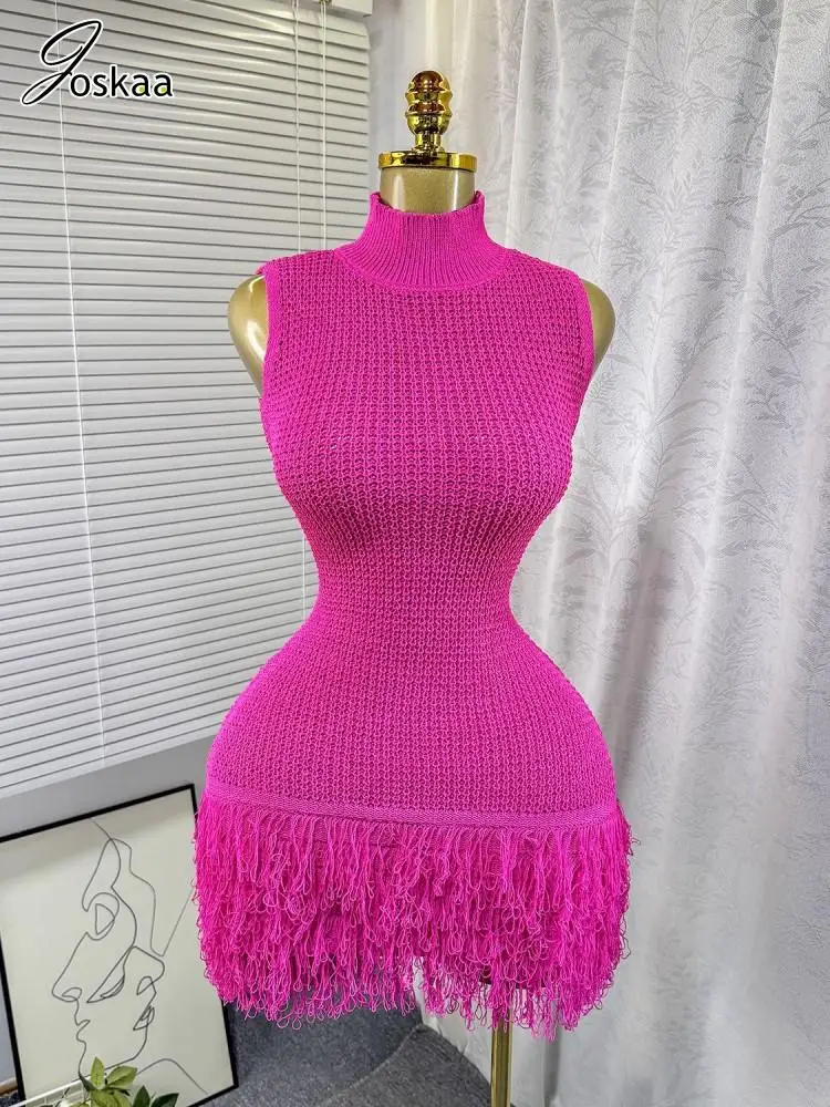 Joskaa 2025 Summer Women Elegant Round Neck Sleeveless Tassels Hem Bodycon Mini Knitted Dress Holiday Beach Party Clubwear
