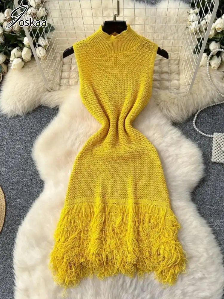 Joskaa 2025 Summer Women Elegant Round Neck Sleeveless Tassels Hem Bodycon Mini Knitted Dress Holiday Beach Party Clubwear - Image 2