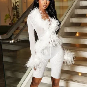 Weird Puss Sexy See Through 2 Piece Set Women Feather Patchwork Full Sleeve Tops++Skinny Shorts Midnight Club Party Trend Suit