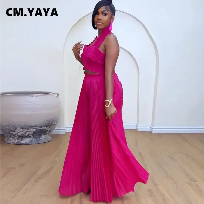 CM.YAYA Streetwear Women's Set Sleeveless Halter Crop Pleated Top+Wide Leg Pants Elegant 2024 Fall Party Two 2-Piece Set Outfits - Image 4