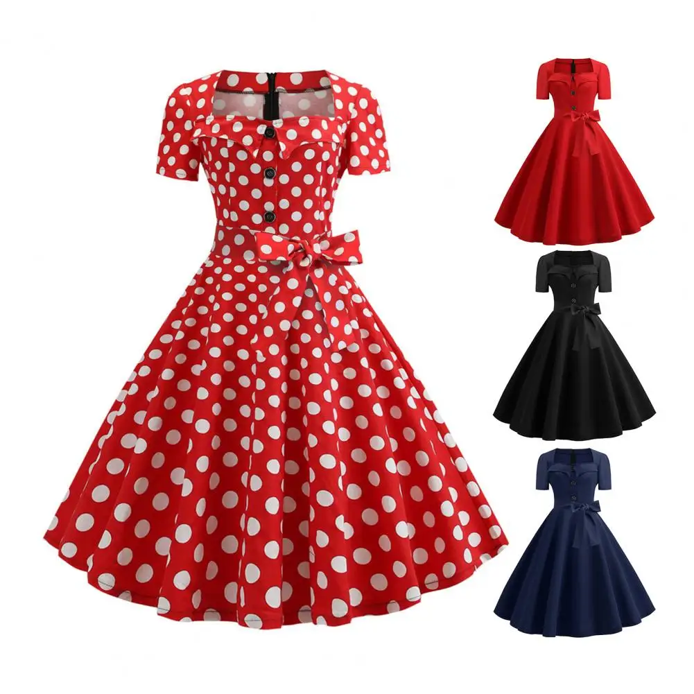 Women Dress Square Neck Short Sleeve Retro 1950s A-line Big Hem Button Decor Dot Print Color Matching Mid Waist Belted Bow Decor - Image 5