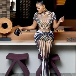 CM.YAYA 2025 Spring Streetwear Women's Set Mesh Striped Print Short Sleeve T-shirt +Long Pants Tracksuits Two 2-Piece Set Outfit