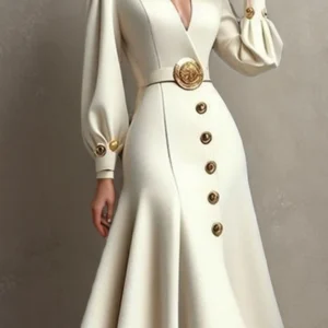 2025 Women's Autumn Elegant Evening Dress V-neck Puff Sleeve High Waist Pleated Midi Dress Solid Color Banquet Party Dresses