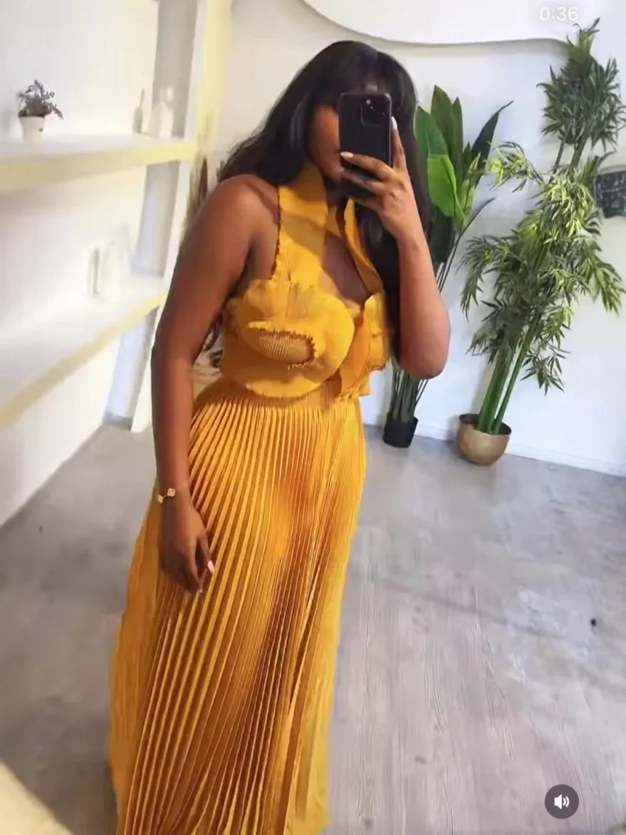 CM.YAYA Streetwear Women's Set Sleeveless Halter Crop Pleated Top+Wide Leg Pants Elegant 2024 Fall Party Two 2-Piece Set Outfits - Image 5