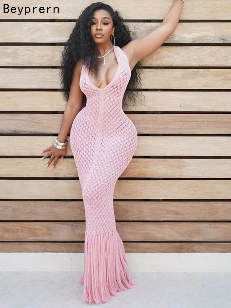 Beyprern Elegant Women Summer Hollow Out Fringed Crochet Beach Dress Sexy Backless Tassels Knit Vacation Dress Beach Swimwear