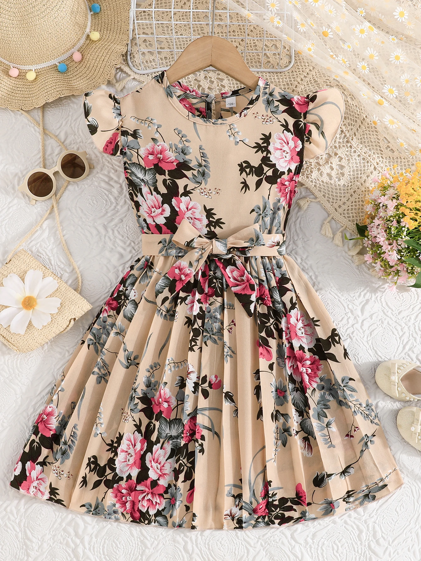 Dress For Kids 5-14 Years old Birthday Cute Floral Ruffled Sleeve Pleated Skirt Princess Dresses Ootd For Baby Girl - Image 2
