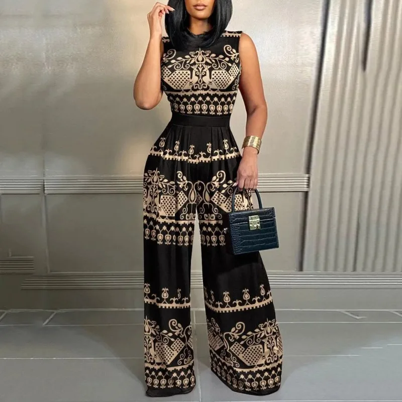 2025 Elegant Women Wide Leg Long Juumpsuit Spring Summer Fashion Printed Sleeveless Casual Holiday Bodysuits Jumpsuits Trousers