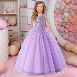 Shiny Toddler Little Big Girls 3D Embroidered Beaded Lace Flower Girl Birthday Party Formal Dress Long Pageant Dress M337