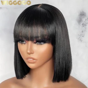 Wiggogo 3X1 Middle Part Lace Wig Bob Wigs Full Machine Made Bone Straight Human Hair Wigs With Bangs Short Bob Human Hair Wigs