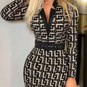 Geo Print Slim Fit Dress Elegant High Waist Slit Midi Dress, Women