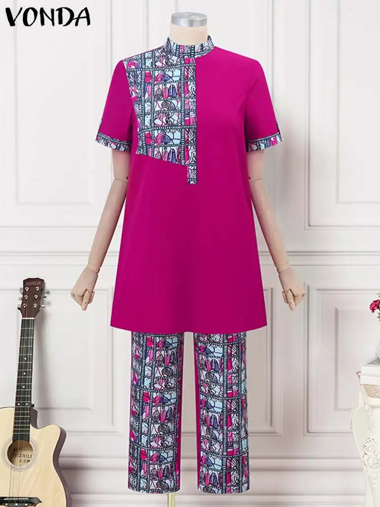 VONDA Women Office Pant Sets 2024 Summer Printed Suits Vintage Stand Collar Short Sleeve Tops and Long Pants Casual Loose Sets - Image 4