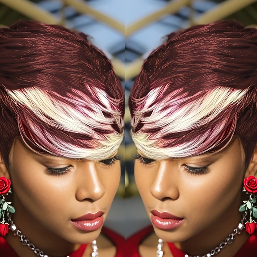 100% Human Hair Pixie Cut Wig 613/99J Color Brazilian Real Short Layered Wig Full Machine Made Wig For Women