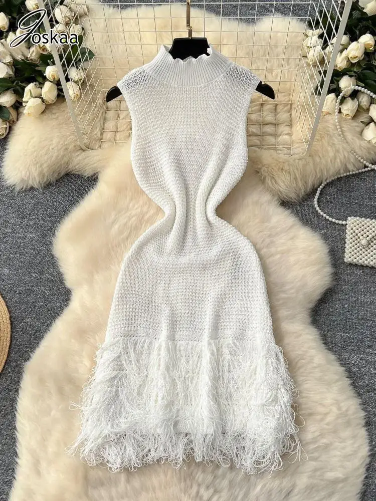 Joskaa 2025 Summer Women Elegant Round Neck Sleeveless Tassels Hem Bodycon Mini Knitted Dress Holiday Beach Party Clubwear - Image 4