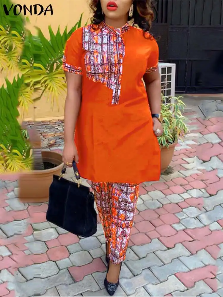 VONDA Women Office Pant Sets 2024 Summer Printed Suits Vintage Stand Collar Short Sleeve Tops and Long Pants Casual Loose Sets - Image 2