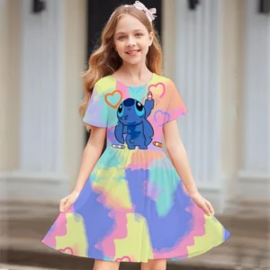 MINISO Disney Stitch Princess Party Dress Up For Girls Tshirt Sress Kids Stich Cartoon Fashion Casual Clothing Princess Dress