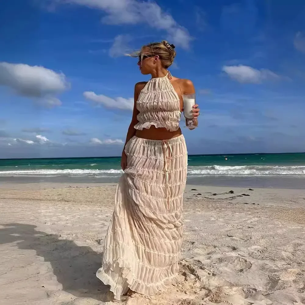 Summer Women Dress Suit Halter Lace Up Backless Sexy Top Lace Long Skirt Female 2 Piece Set Fashion Holiday Beach Clothes Lady - Image 2