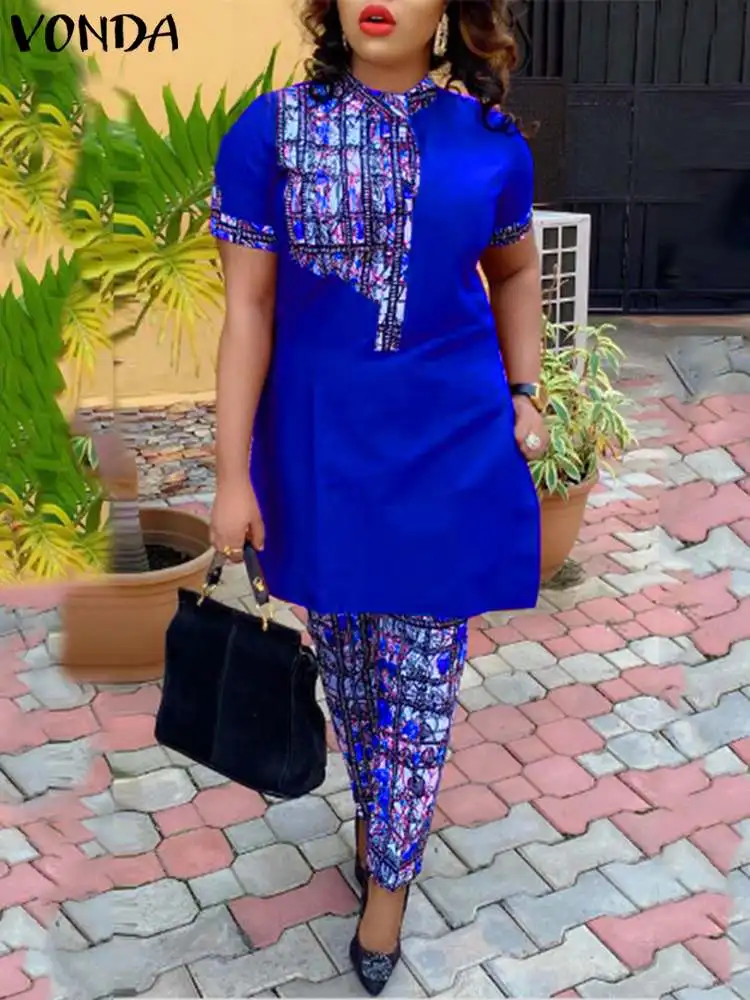 VONDA Women Office Pant Sets 2024 Summer Printed Suits Vintage Stand Collar Short Sleeve Tops and Long Pants Casual Loose Sets