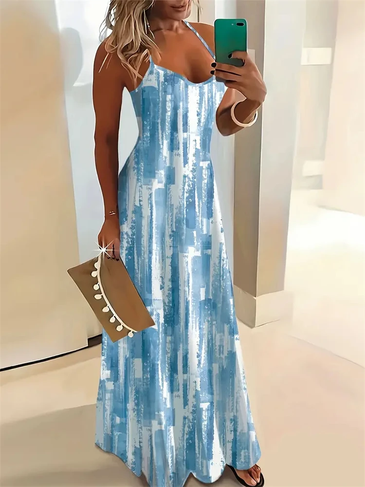 Women's New Fashion Summer Sleeveless Dress Casual Long Retro Strap Dress Street 3D Texture Print Comfortable Breathable Dress