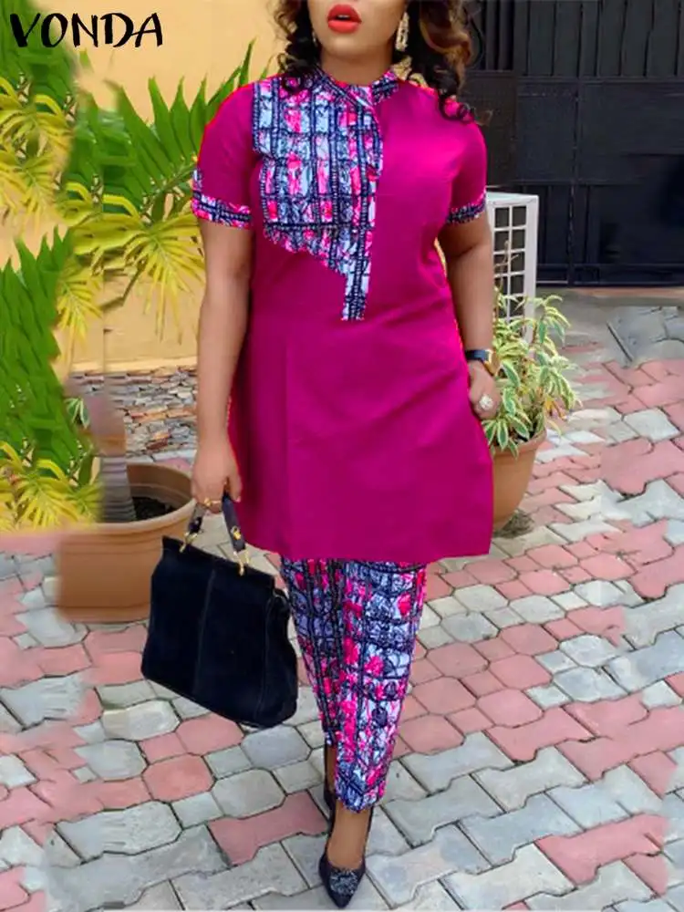 VONDA Women Office Pant Sets 2024 Summer Printed Suits Vintage Stand Collar Short Sleeve Tops and Long Pants Casual Loose Sets - Image 3