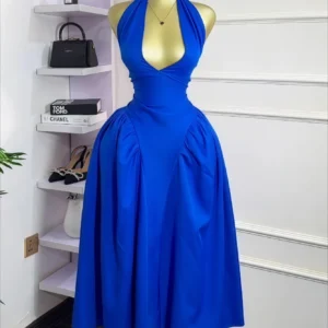 CM.YAYA Women Halter V-neck Backless Sleeveless Big Swing Bodycon Mid Maxi Long Dress 2025 Vacation Sexy Party Evening Dresses