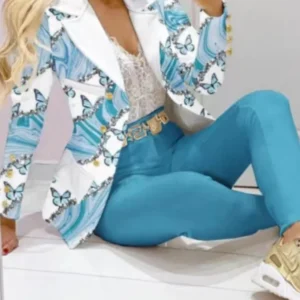 Autumn Winter New Printed Suit Long Sleeve For Women's Suit Fashion Color Matching Slim Elegant Female Office 2 Piece Set 2023