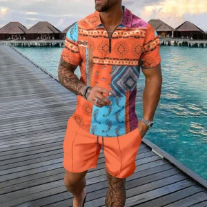 2025 new summer men's short sleeve zipper printed Polo shirt shorts Beach Hawaiian style two-piece suit