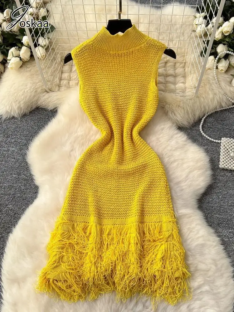 Joskaa 2025 Summer Women Elegant Round Neck Sleeveless Tassels Hem Bodycon Mini Knitted Dress Holiday Beach Party Clubwear - Image 3