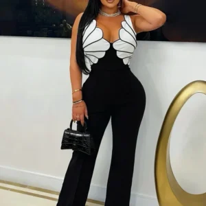 CM.YAYA Women V-Neck Backless Wide Leg Straight Sleeveless Jumpsuits 2025 Spring Patchwork Sexy One Piece Set Streetwear Outfits