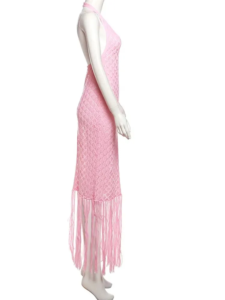 Beyprern Elegant Women Summer Hollow Out Fringed Crochet Beach Dress Sexy Backless Tassels Knit Vacation Dress Beach Swimwear - Image 2