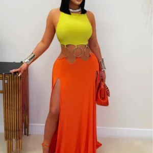 Beyprern Women's Hollow Out O-Rings Metal Long Dresses Fashion Backless Bandage Holiday Dresses Vacation Outfits Sexy Clubwear