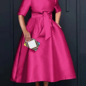 VONDA Elegant Women Satin Short Sleeve Midi Dress 2024 Summer Vestidos Casual Belted Loose Solid Color Long Sundress Oversized