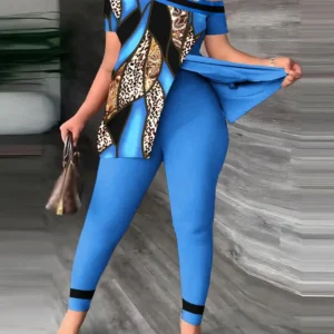 Elegant Women Two Piece Set Suits New Fashion Printed Ruffle Sleeve Top Solid Color Pants Set With Belt Blouses Female Clothing