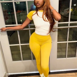 Weird Puss Casual Sporty 2 Piece Set Women Contrast Patchwork Short Sleeve T-Shirts+Skinny Stretch Sweatpants Simple Tracksuits