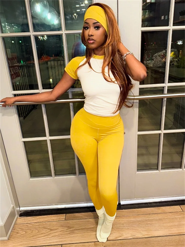 Weird Puss Casual Sporty 2 Piece Set Women Contrast Patchwork Short Sleeve T-Shirts+Skinny Stretch Sweatpants Simple Tracksuits