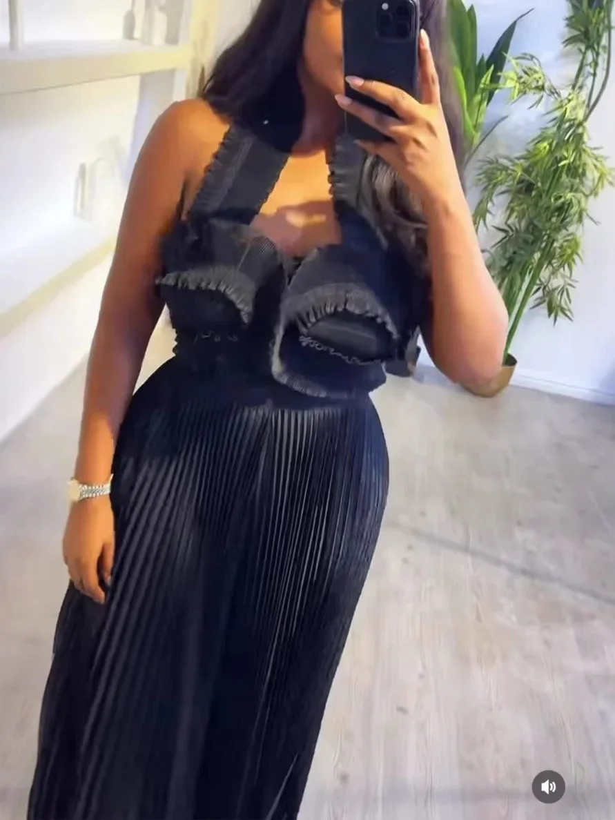 CM.YAYA Streetwear Women's Set Sleeveless Halter Crop Pleated Top+Wide Leg Pants Elegant 2024 Fall Party Two 2-Piece Set Outfits - Image 6