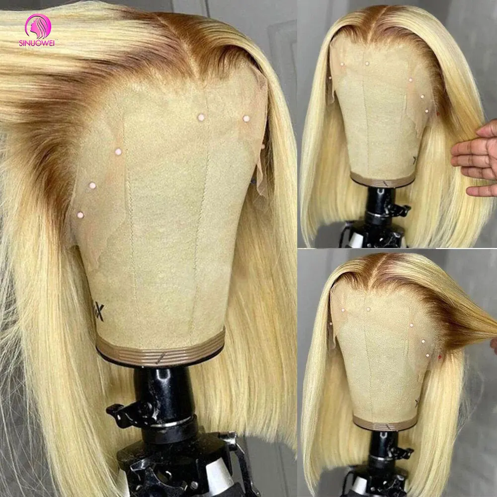 4/613 Blonde Bob Wig Dark Root Honey Blonde Colored Short Bob Human Hair Wigs 13x4 Lace Frontal Brazilian Hair Wigs For Women - Image 4
