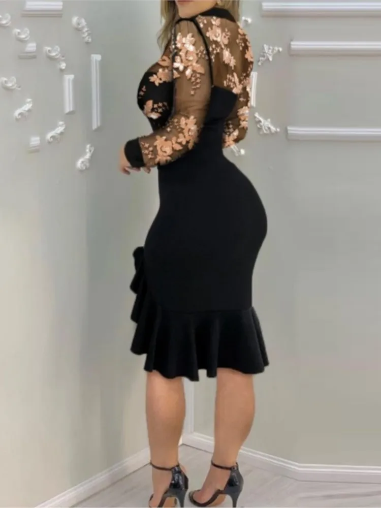 Spring Summer Sexy Mesh Ruffle Dress 2024 Wome Long Sleeve Irregularity Midi Dress Fashion Print Elegant Party Dresses - Image 6