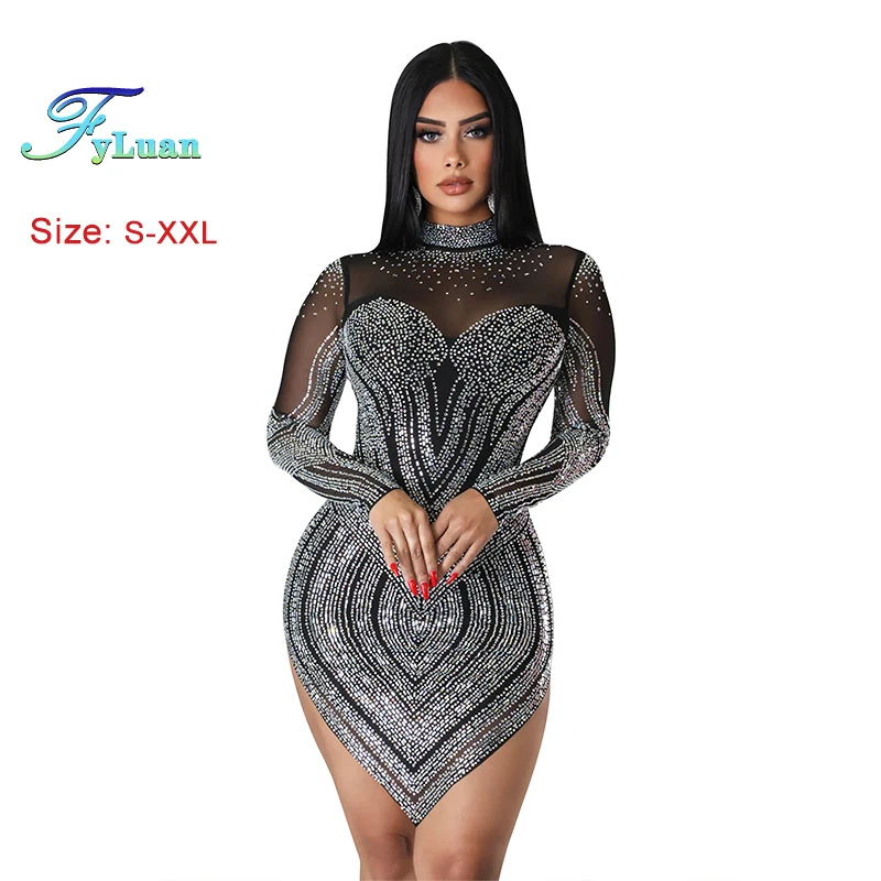 Long Sleeve Dress for Women Elegant Rhinestone Decor Sheer Mesh Bodycon Sparkly Crystal Rhinestones Party Birthday Short Skirt - Image 3
