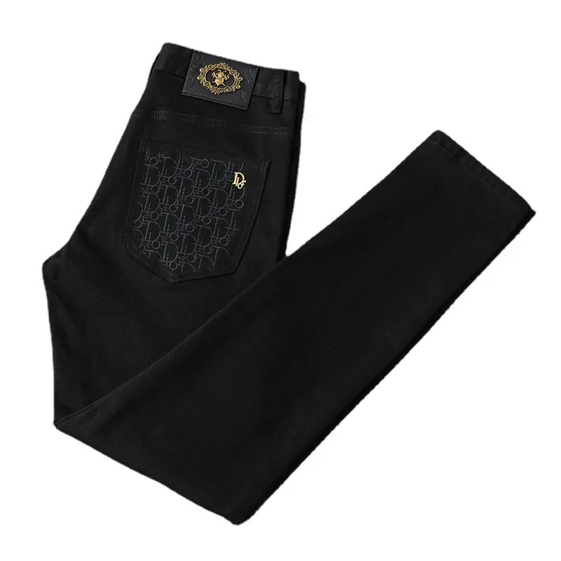 Korean Style Embroidery Black And White Jeans Men's Trendy Brand Elastic Slim Fit Casual Luxury Trousers For Young Men - Image 5