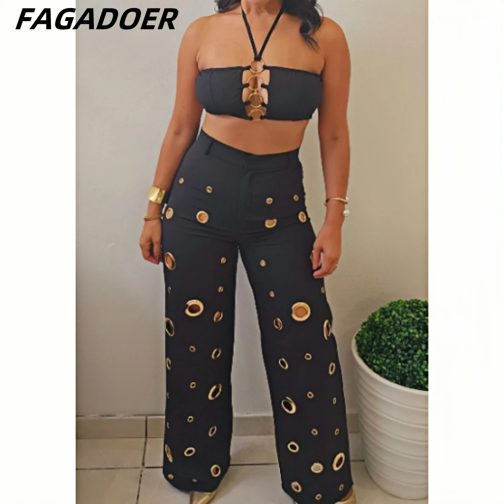 FAGADOER Sexy Solid Hole Wide Leg Pants Streetwear Women Halter Sleeveless Backless Crop Top And Pants Two Piece Sets Outfits - Image 2