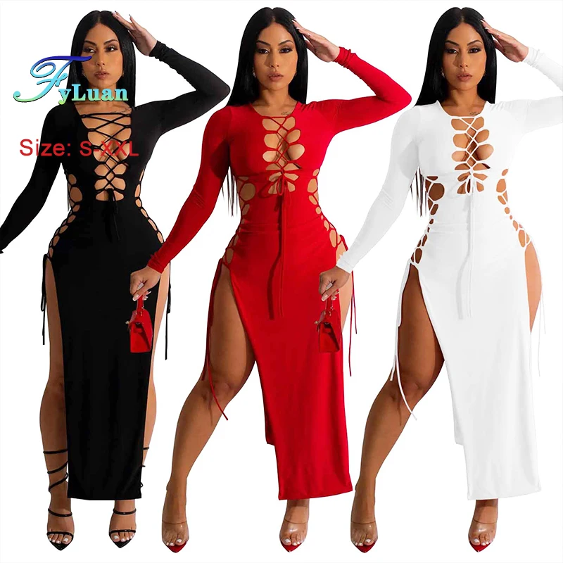 2025 Sexy Women Chest Hollow Out Bandage Long Sleeves Collect Waist Dress Two Side Split Ruffles Lace Up Decor One-Piece Clothes - Image 4
