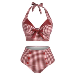 Dressfo Women's Tummy Control Tankini Swimwear Vintage Plaid Print Swimsuit Corset Style Mock Button Summer Beach Bathing Suit