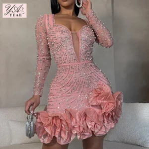 2025 New Women Mesh Sleeve Bodycon Sexy Diamonds Birthday Party Dress Tierred Ruffles Rhinestone Pearls Night Club Dress Pink