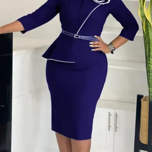 Mlaiscsr Fashion African Mid Dresses with Belt Women 3D Flowers 3/4 Sleeve O-neck Party Evening Office Lady Bodycon Vestidos