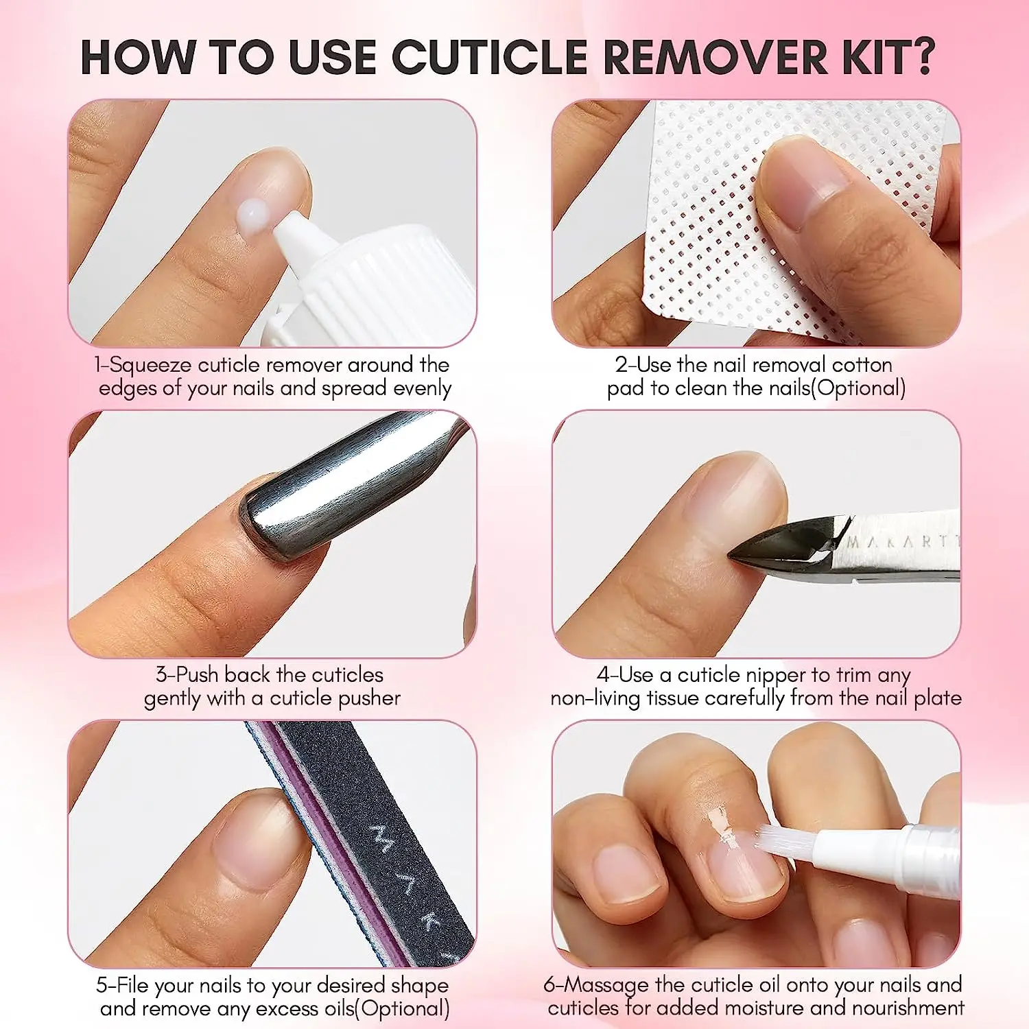 Makartt Cuticle Remover Kit, Nail Care with Cuticle Oil Pen, Trimmer, Nail File & 120ml Cuticle Remover Liquid, Manicure Set - Image 6